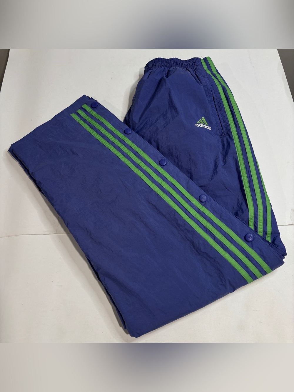 Vintage 90s Adidas Breakaway Track Pants Men XL 30 in Purple Green Snap 3-Stripe